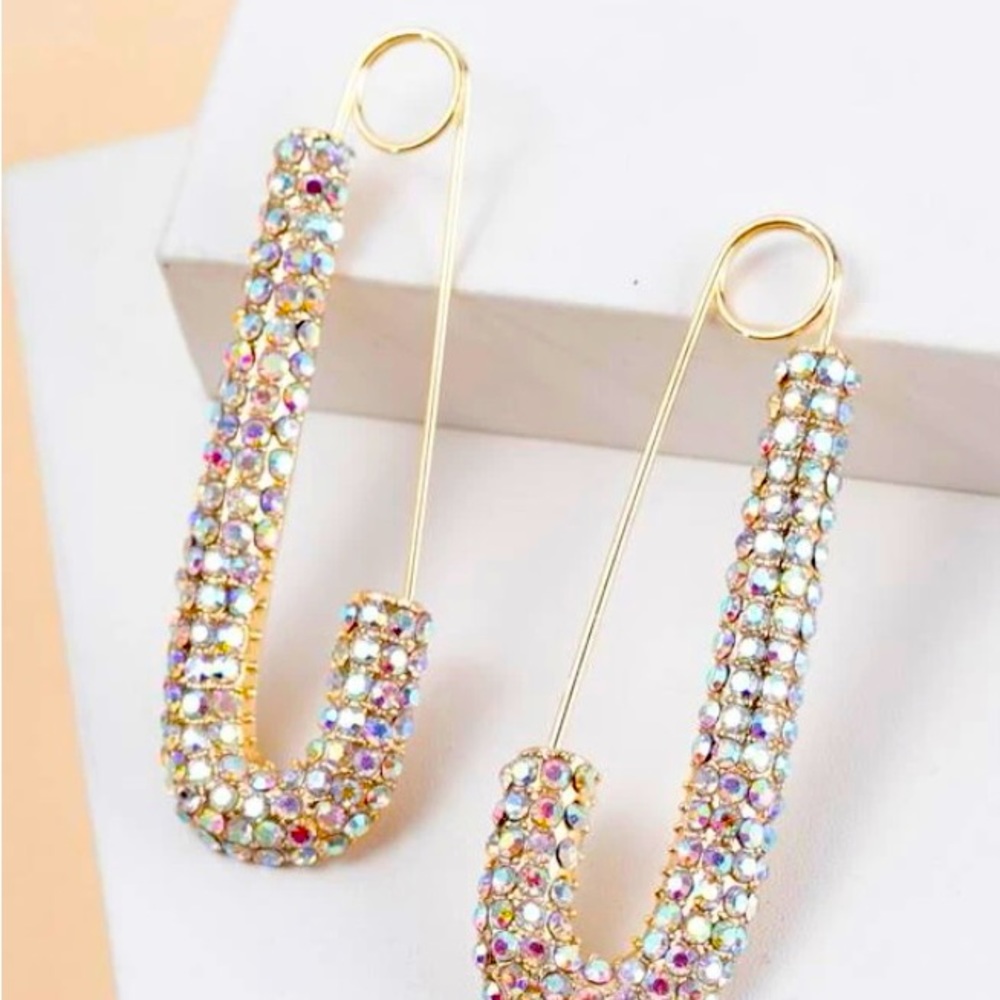Gorgeous yellow gold rhinestone safety pin earrings